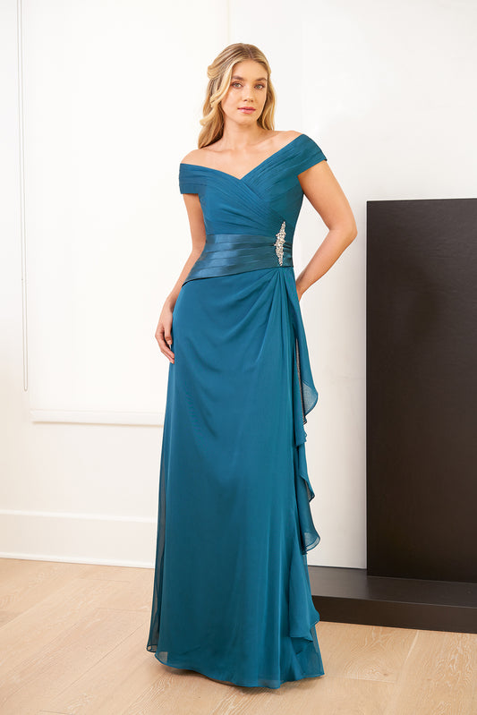 J1161 Long Portrait Neckline Tiffany Chiffon Dress with Accent Satin Waistband and Sash