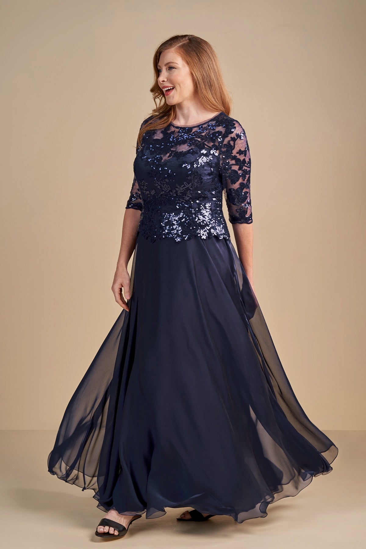 J195014 Long Boat Neckline Sequin Lace & Chiffon MOB Dress with Sleeves