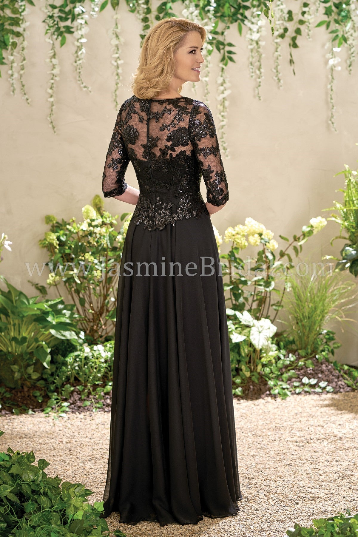 J195014 Long Boat Neckline Sequin Lace & Chiffon MOB Dress with Sleeves