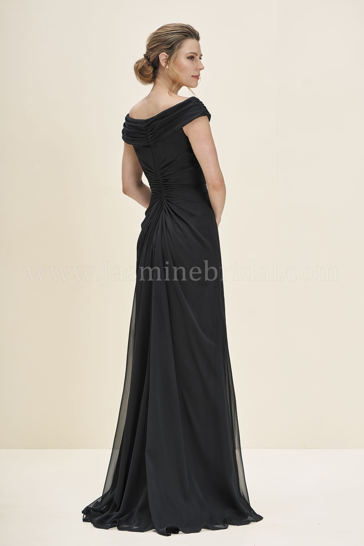 J195057 Long Portrait Neckline Jade Tiffany Chiffon MOB Dress with Slit