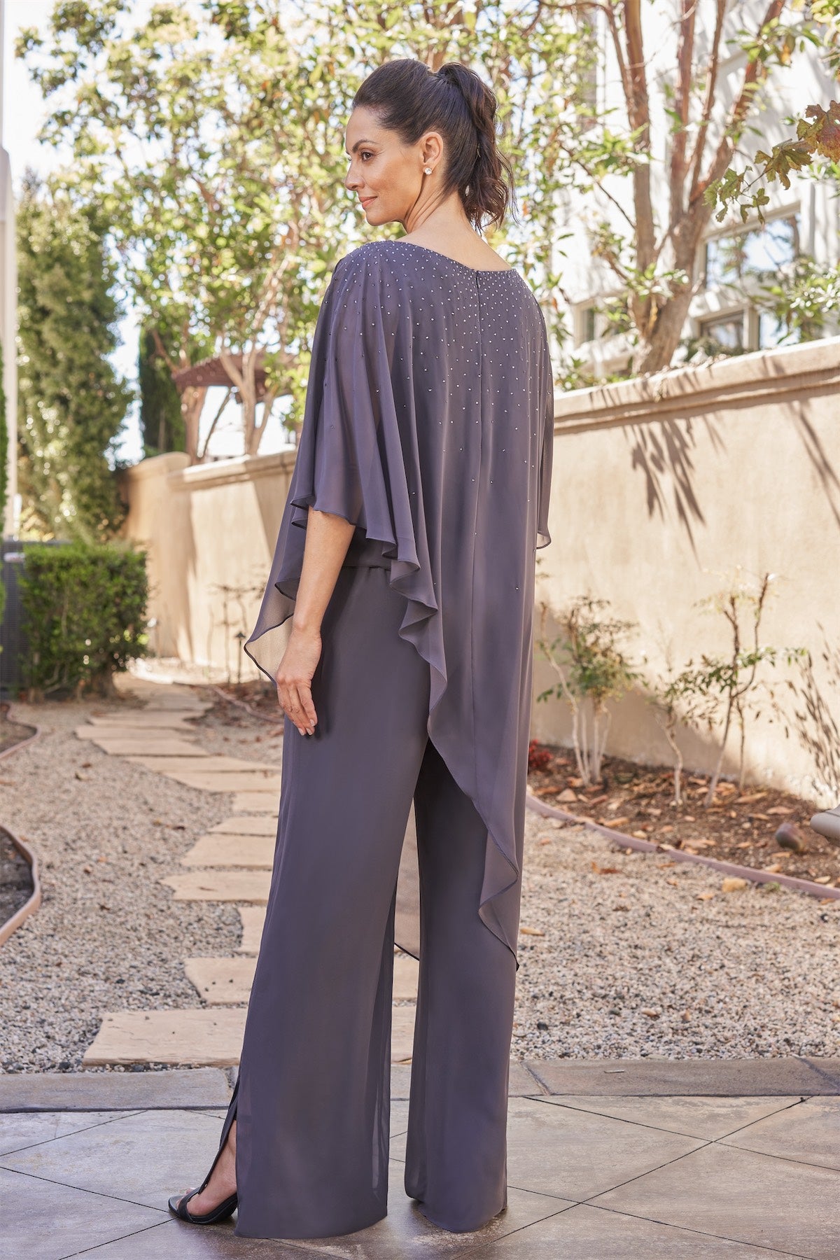 K258020 Classic Chiffon 2-Piece Asymmetrical Tunic and Pant Ensemble