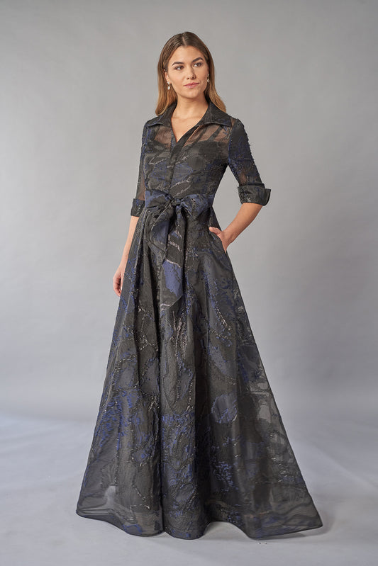 K268064 Elegant Jacquard Gown with Shirt Collar Neckline and Quarter Sleeves with Cuffs