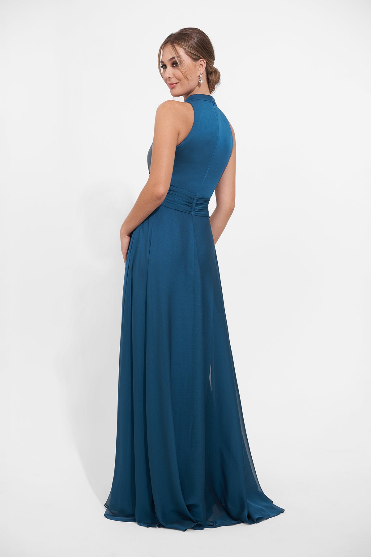 K278011 Dreamy Jade Tiffany Chiffon A-line Gown with Halter Neckline and Ruched Waistband with 3D Flower