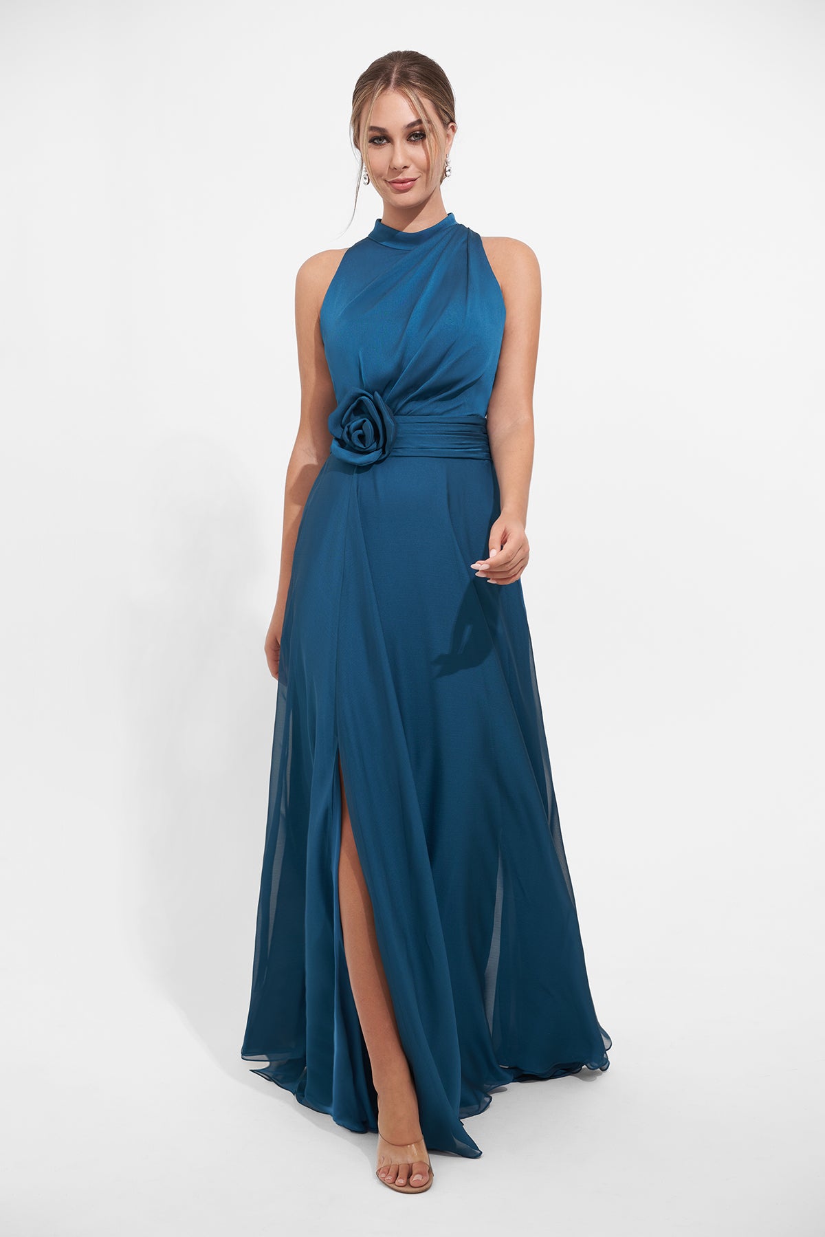 K278011 Dreamy Jade Tiffany Chiffon A-line Gown with Halter Neckline and Ruched Waistband with 3D Flower