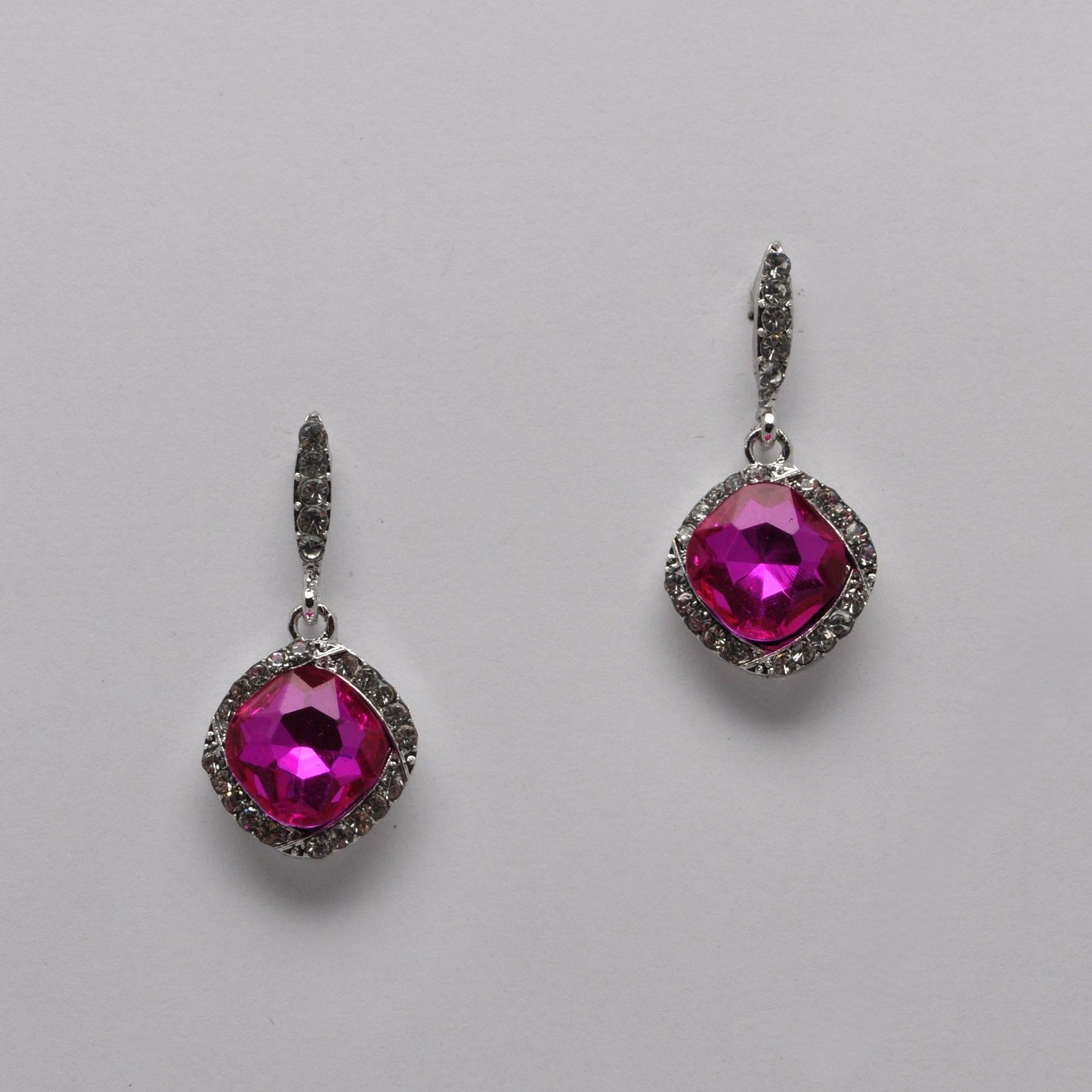 Square Drop Crystal Earring - Fuchsia/Silver