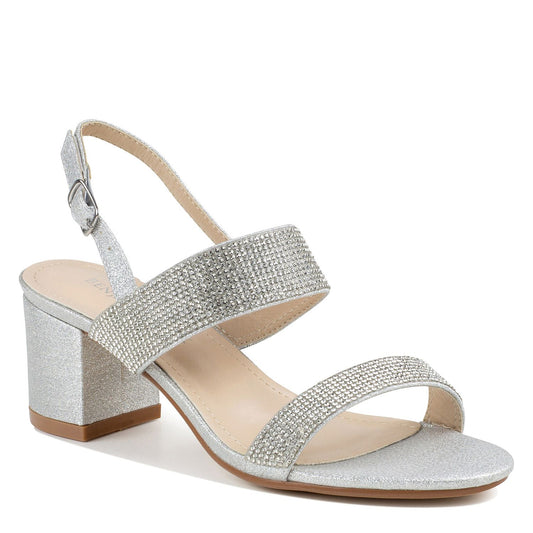 SILVER GLITTER SHOE WITH WIDE BANDS AND 2 INCH BLOCK HEEL
