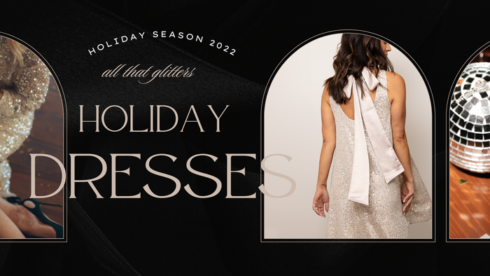 Model wearing sequin holiday dress