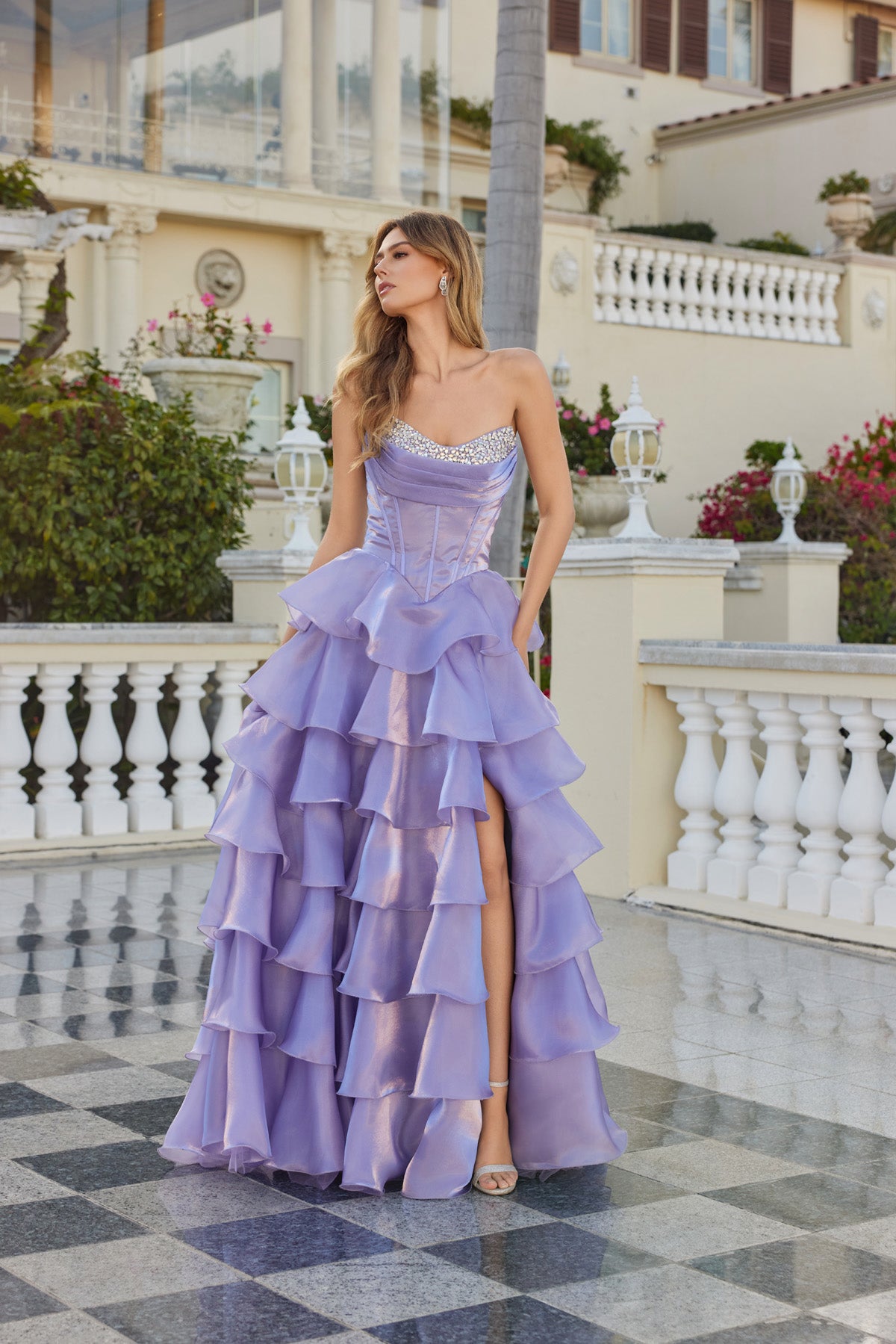 Jess Deep Lavender Organza Tiered Ballgown