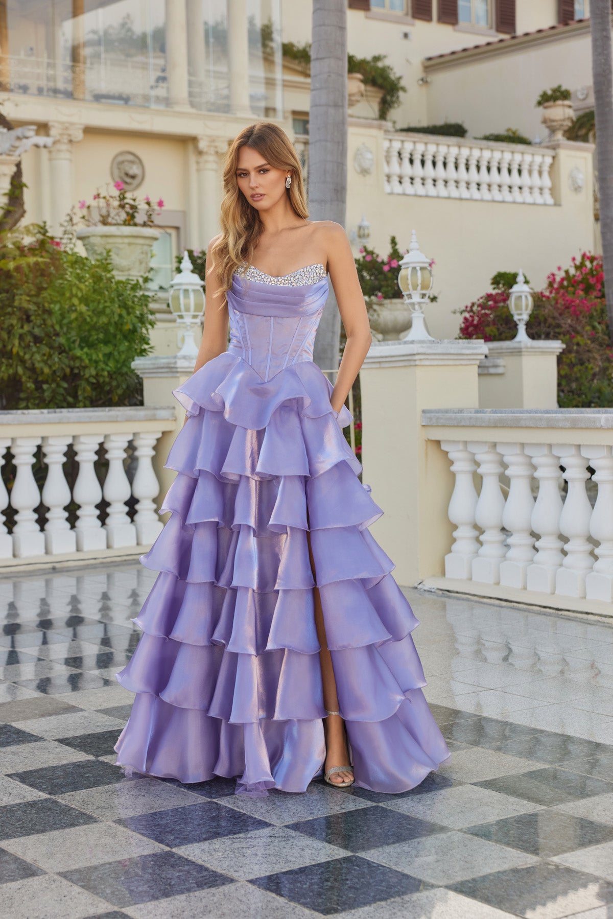 Jess Deep Lavender Organza Tiered Ballgown