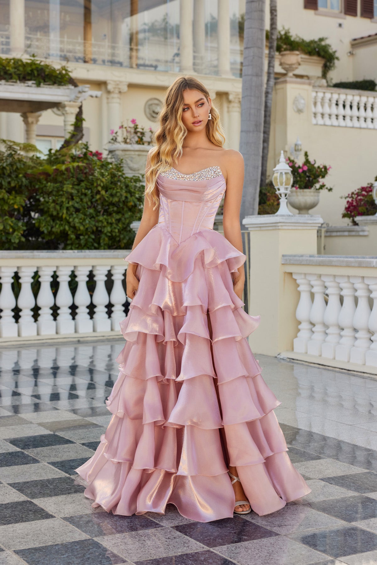 Jess Dusty Rose Organza Tiered Ballgown