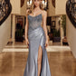 Shiny Satin Strapless Fitted Prom Dress with Scoop Necklain