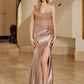Shiny Satin Strapless Fitted Prom Dress with Scoop Necklain