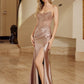 Shiny Satin Strapless Fitted Prom Dress with Scoop Necklain