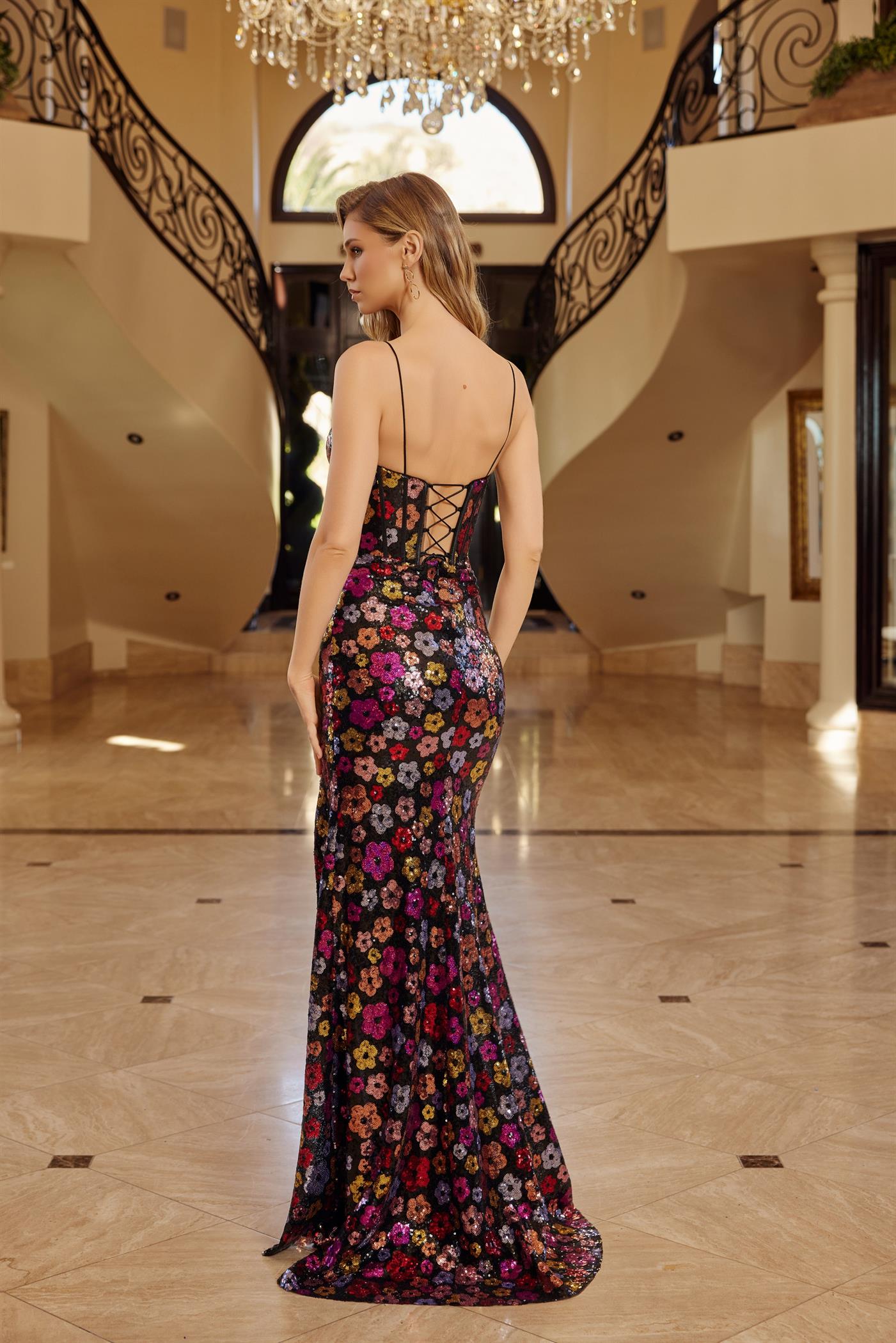 Full Sequin Floral Prom Dress