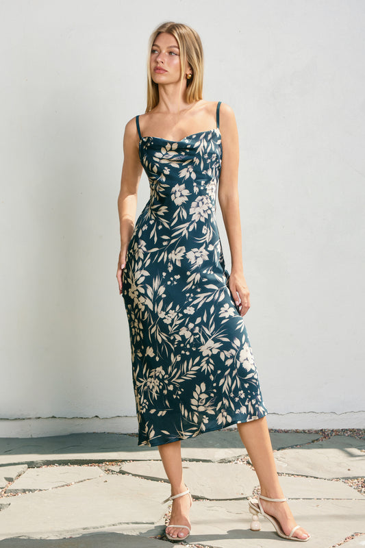 Floral Cowl Neck X Back Midi Dress