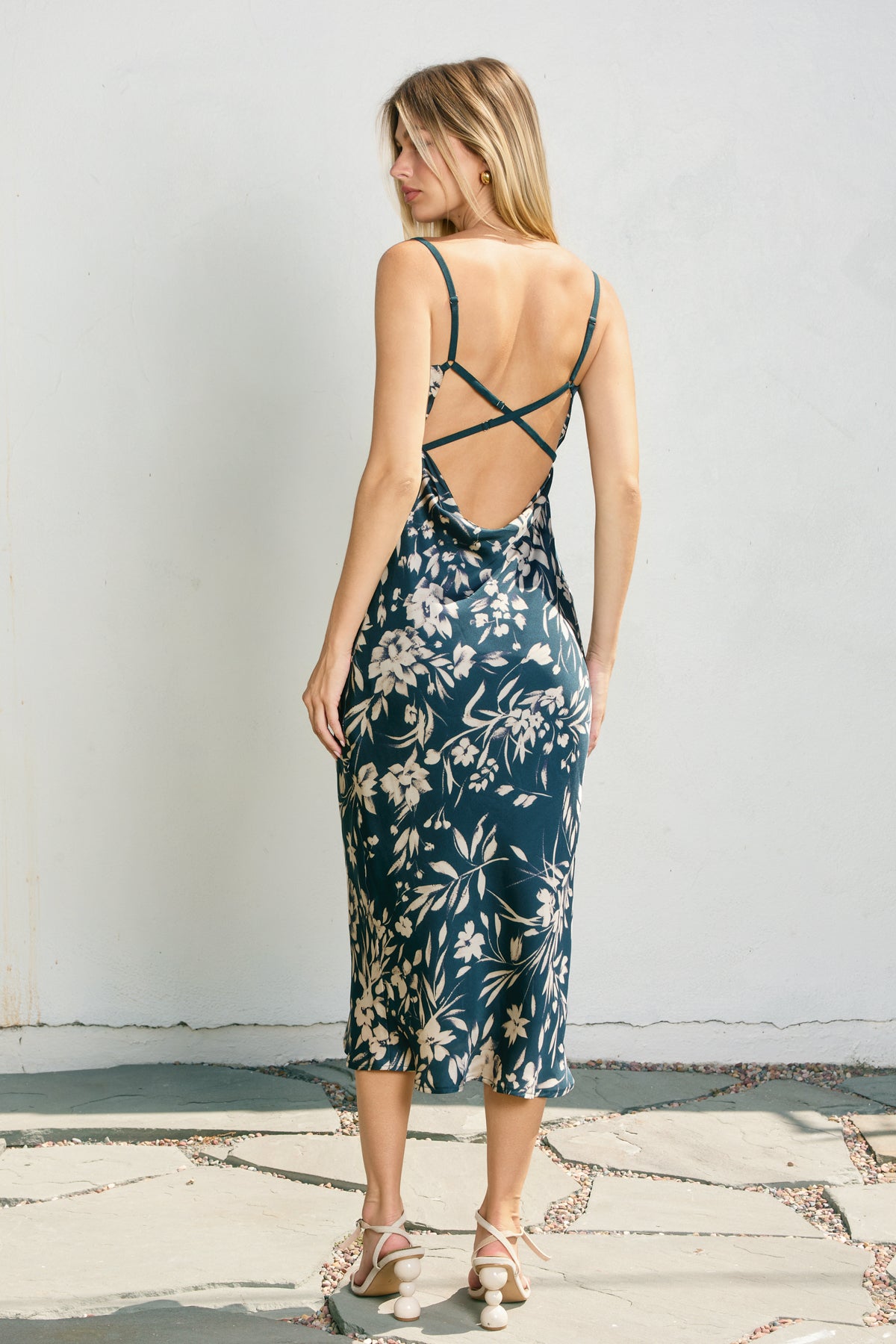 Floral Cowl Neck X Back Midi Dress