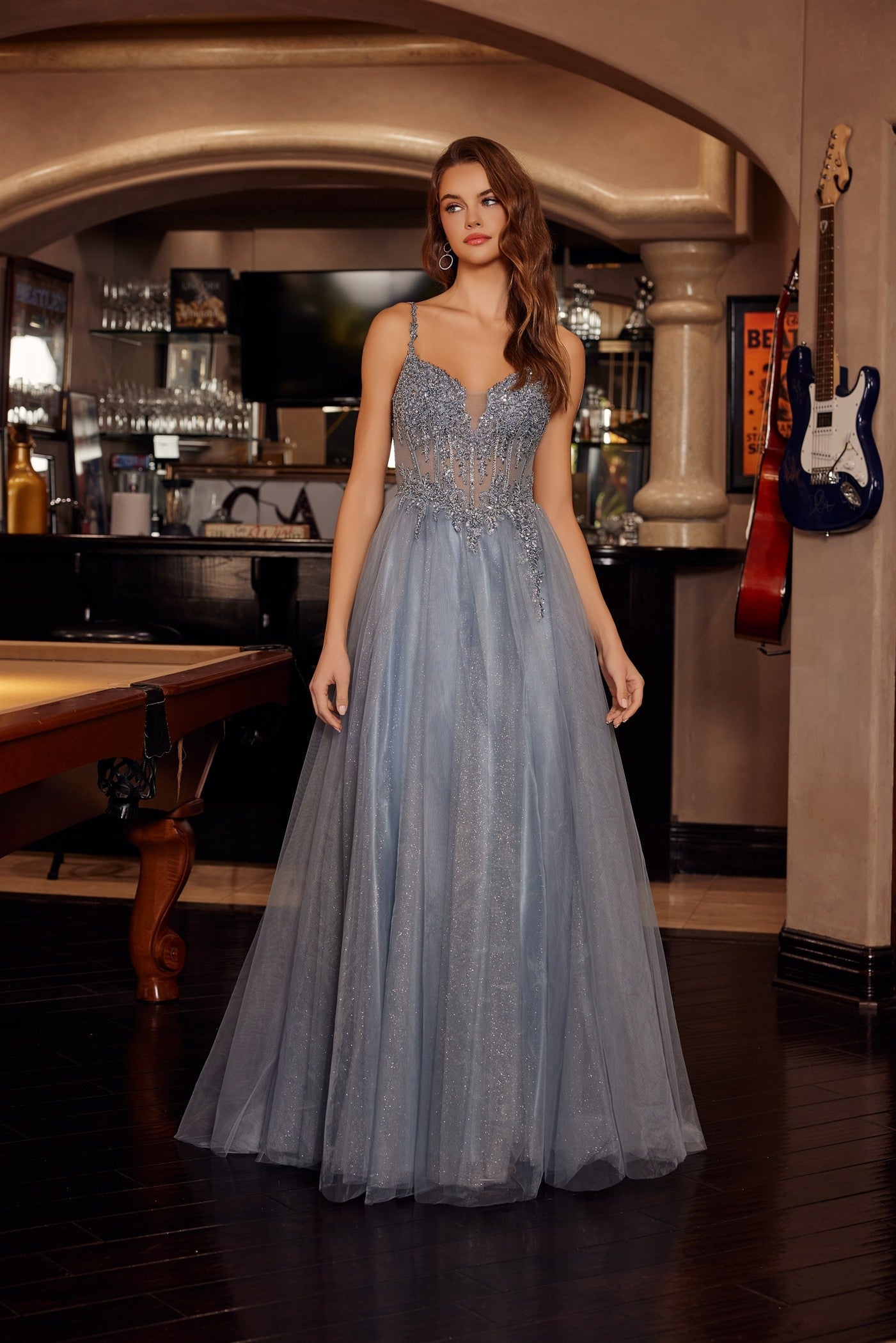 smokey blue prom dress