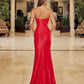 Shiny Satin Strapless Gown with Beaded Plunge, High Slit & Train | Formal Society