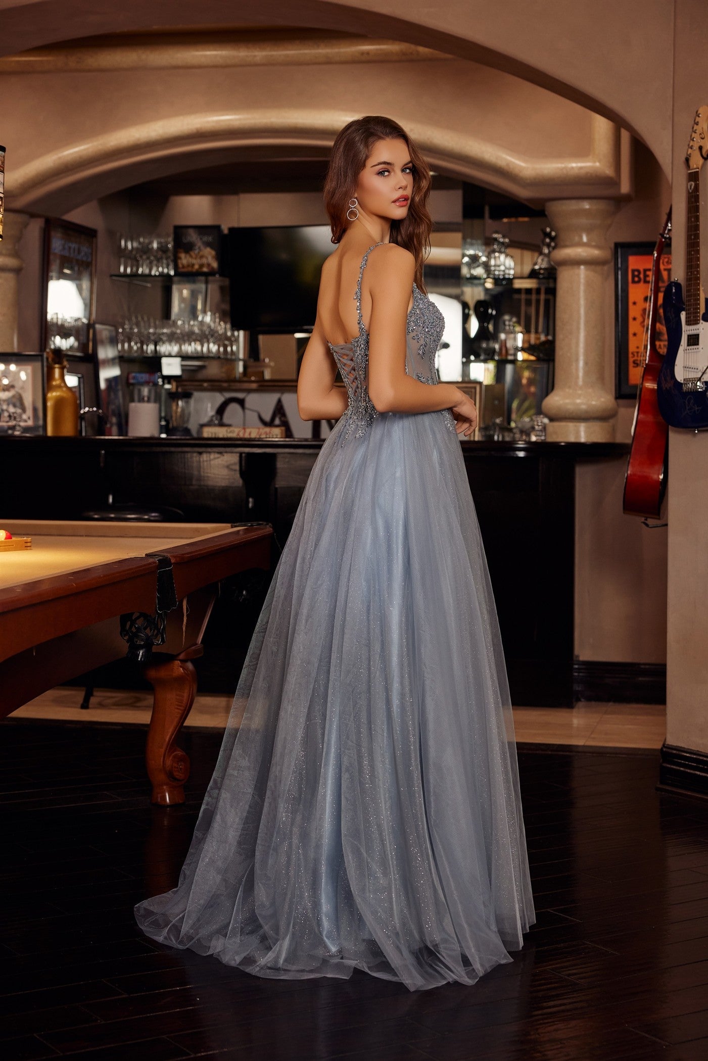 smokey blue prom dress