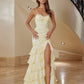 yellow fit and flare chiffon prom dress