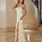 yellow fit and flare chiffon prom dress
