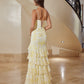 yellow fit and flare chiffon prom dress