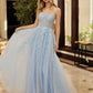 Blue fit and flare prom dress