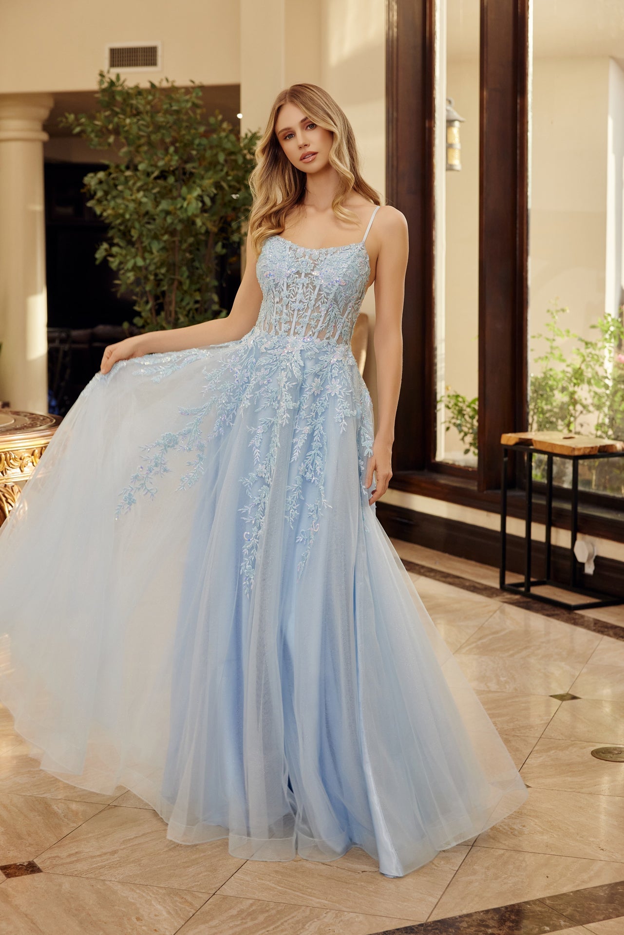 Blue fit and flare prom dress