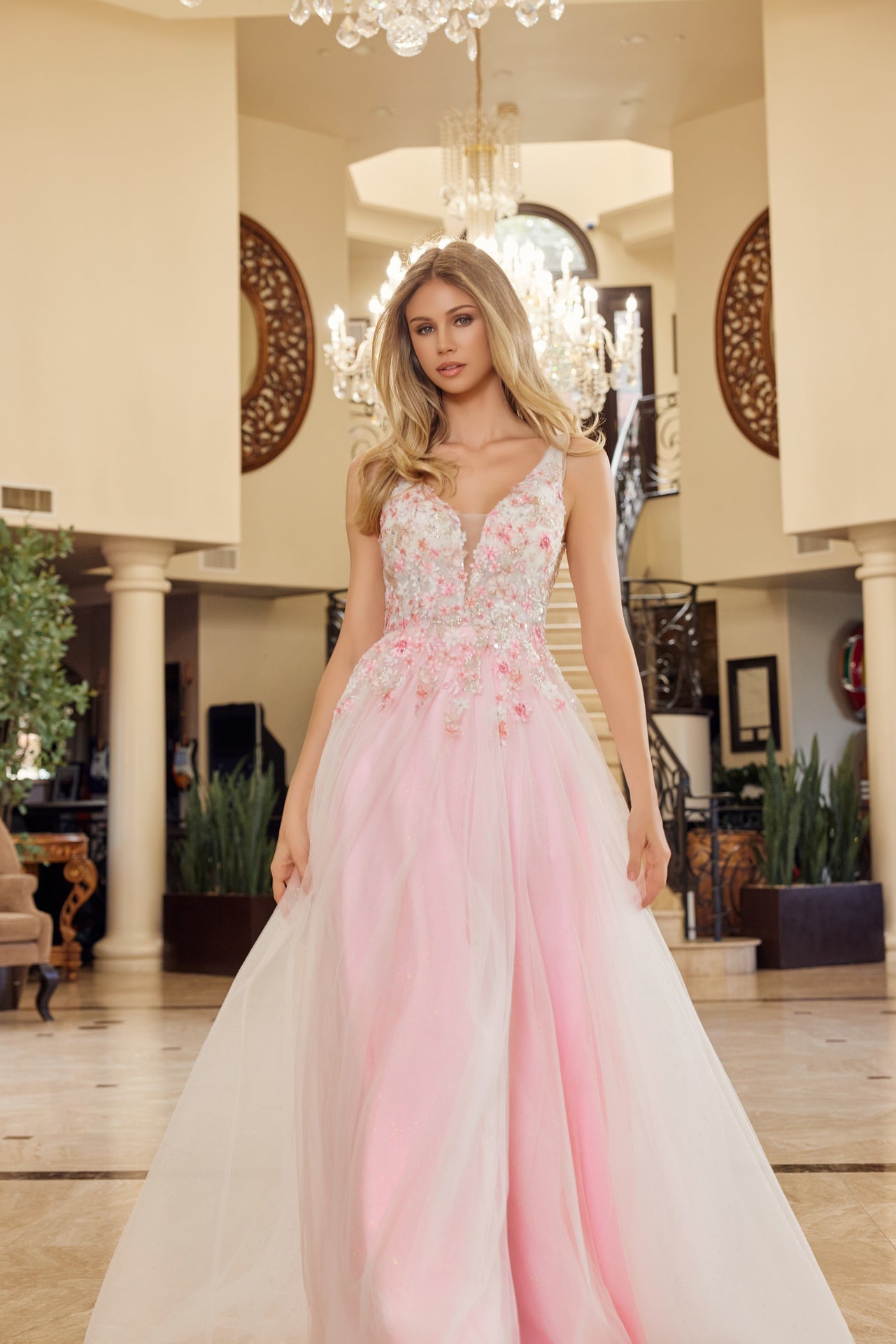 Embroidered pink floral prom dress 