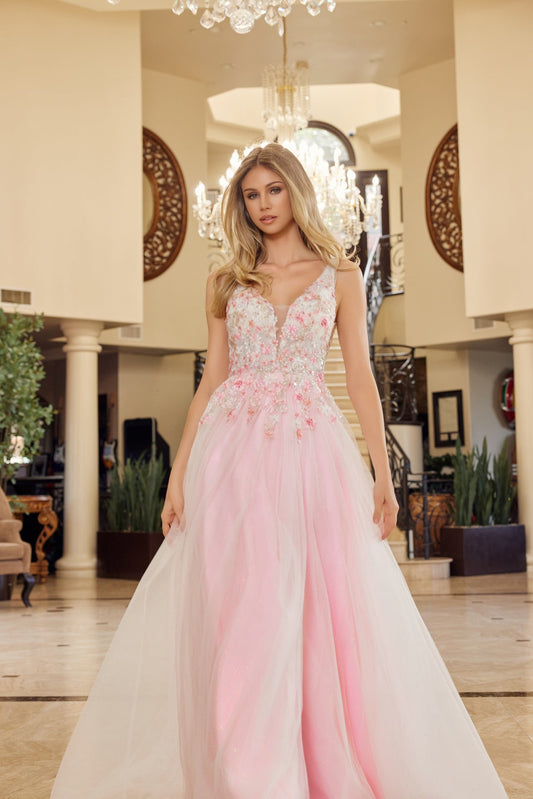 Embroidered pink floral prom dress 