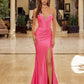 Shiny Satin Strapless Gown with Beaded Plunge, High Slit & Train | Formal Society