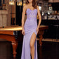 Stretch Satin V Neckline Prom Dress with Spaghetti Straps