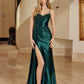 Fitted Shiny Satin Prom Dress with Spaghetti Straps