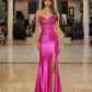 Shiny Satin Strapless Prom Dress with Full Beaded Bustline
