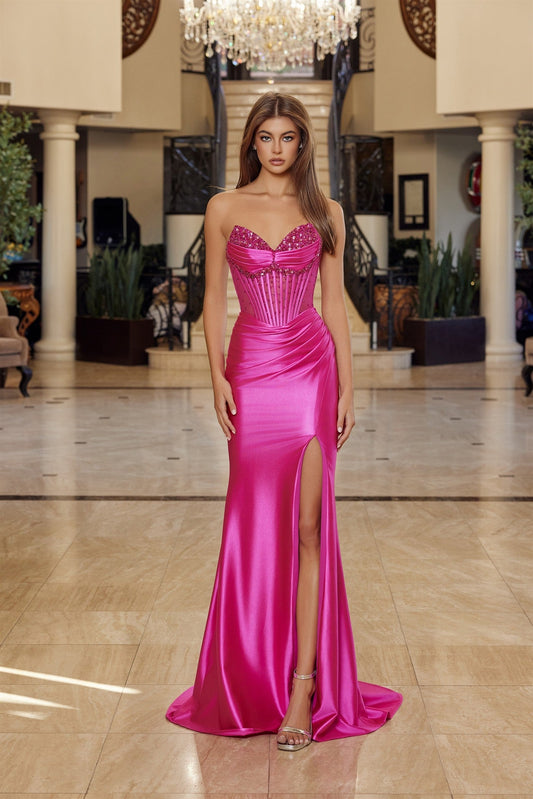 Shiny Satin Strapless Prom Dress with Full Beaded Bustline