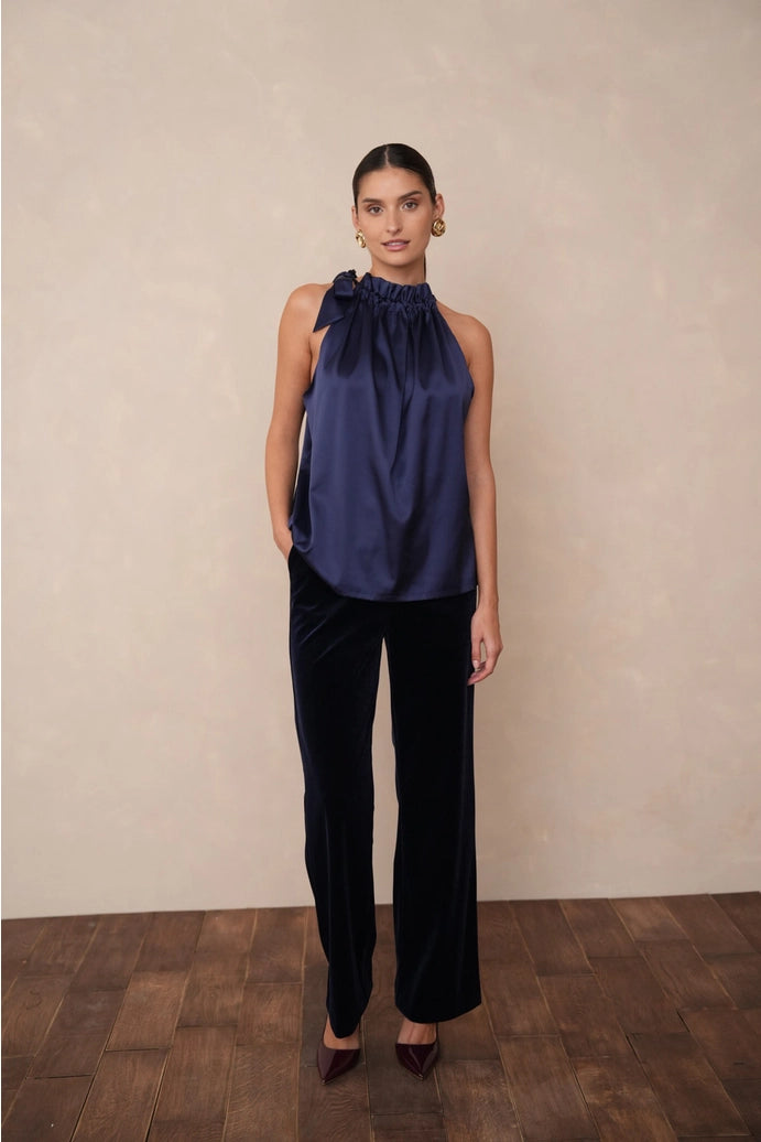 Satin Bow Tie Top - Navy