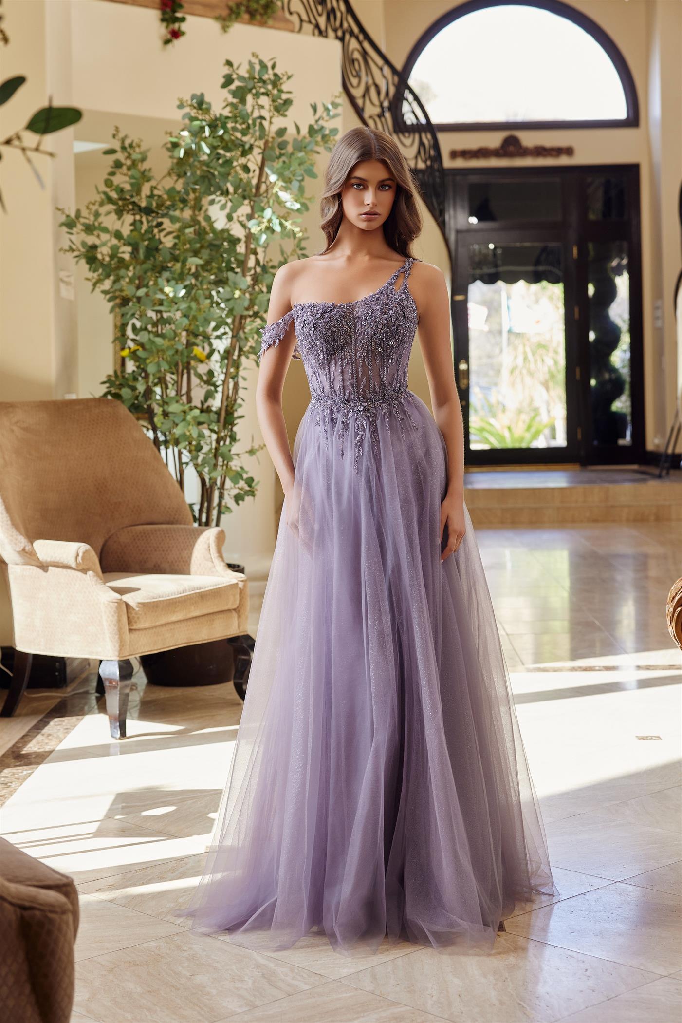 violet floral ball gown