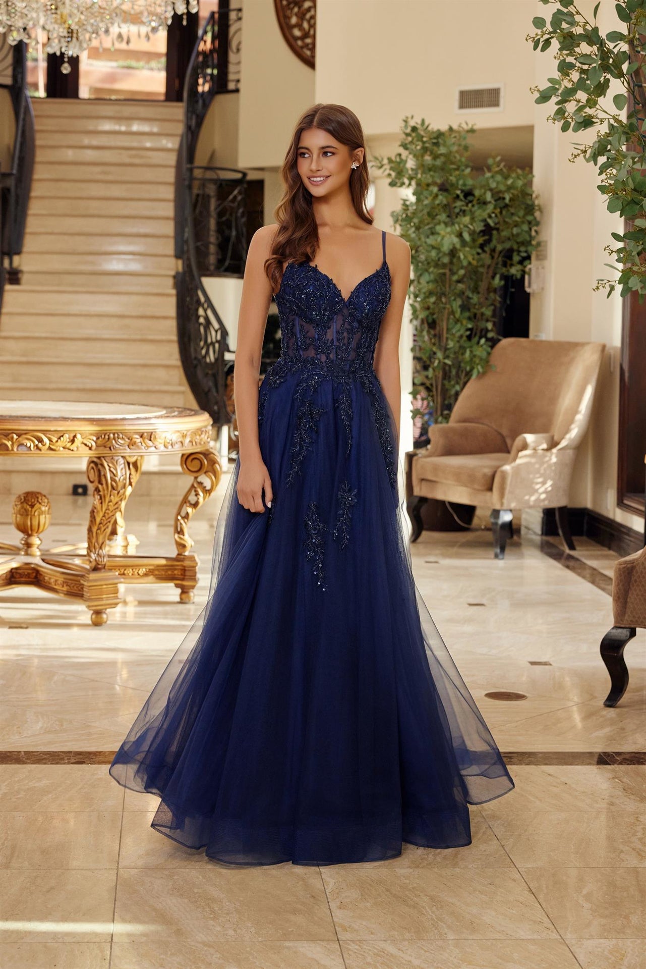 Blue tulle fit and flare prom dress