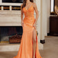 Glitter Stretch Satin Prom Dress with Spaghetti Straps