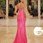 Shiny Satin Strapless Gown with Beaded Plunge, High Slit & Train | Formal Society