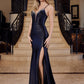 Satin Fitted V-Neck Prom Dress with Sequin Applique