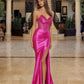 Shiny Satin Strapless Prom Dress with Full Beaded Bustline