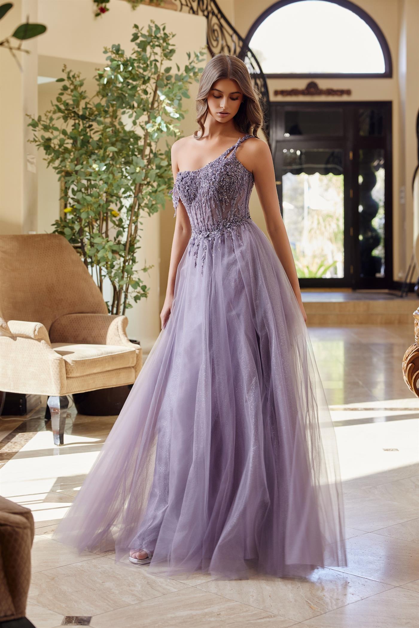 violet floral ball gown