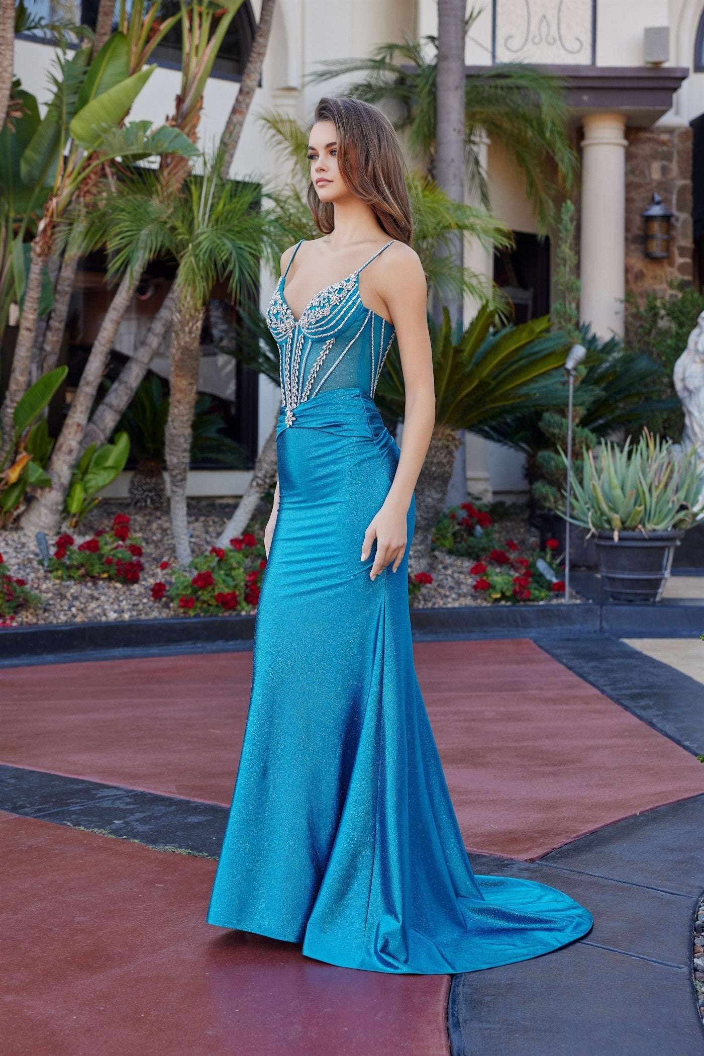 Glitter Satin Fit and Flare Prom Dress