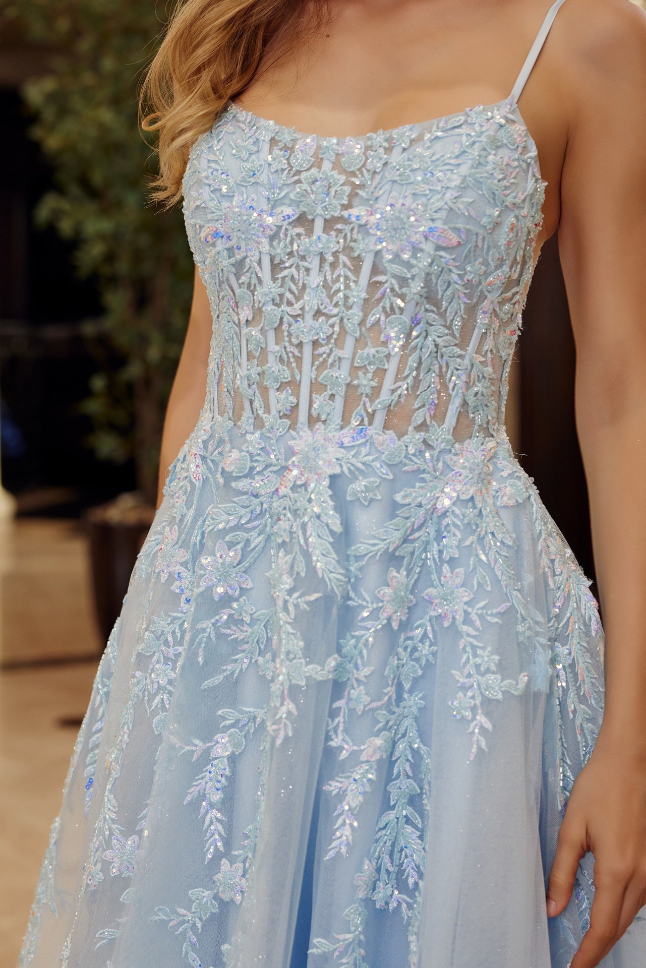 Blue fit and flare prom dress