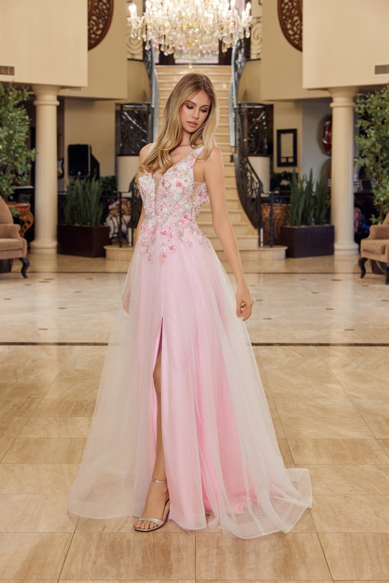 Embroidered pink floral prom dress 