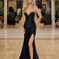 Shiny Satin Strapless Gown with Beaded Plunge, High Slit & Train | Formal Society