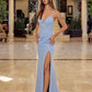 Stretch Satin V-Neck Gown with Boned Waistline & High Slit 