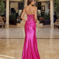 Shiny Satin Strapless Prom Dress with Full Beaded Bustline