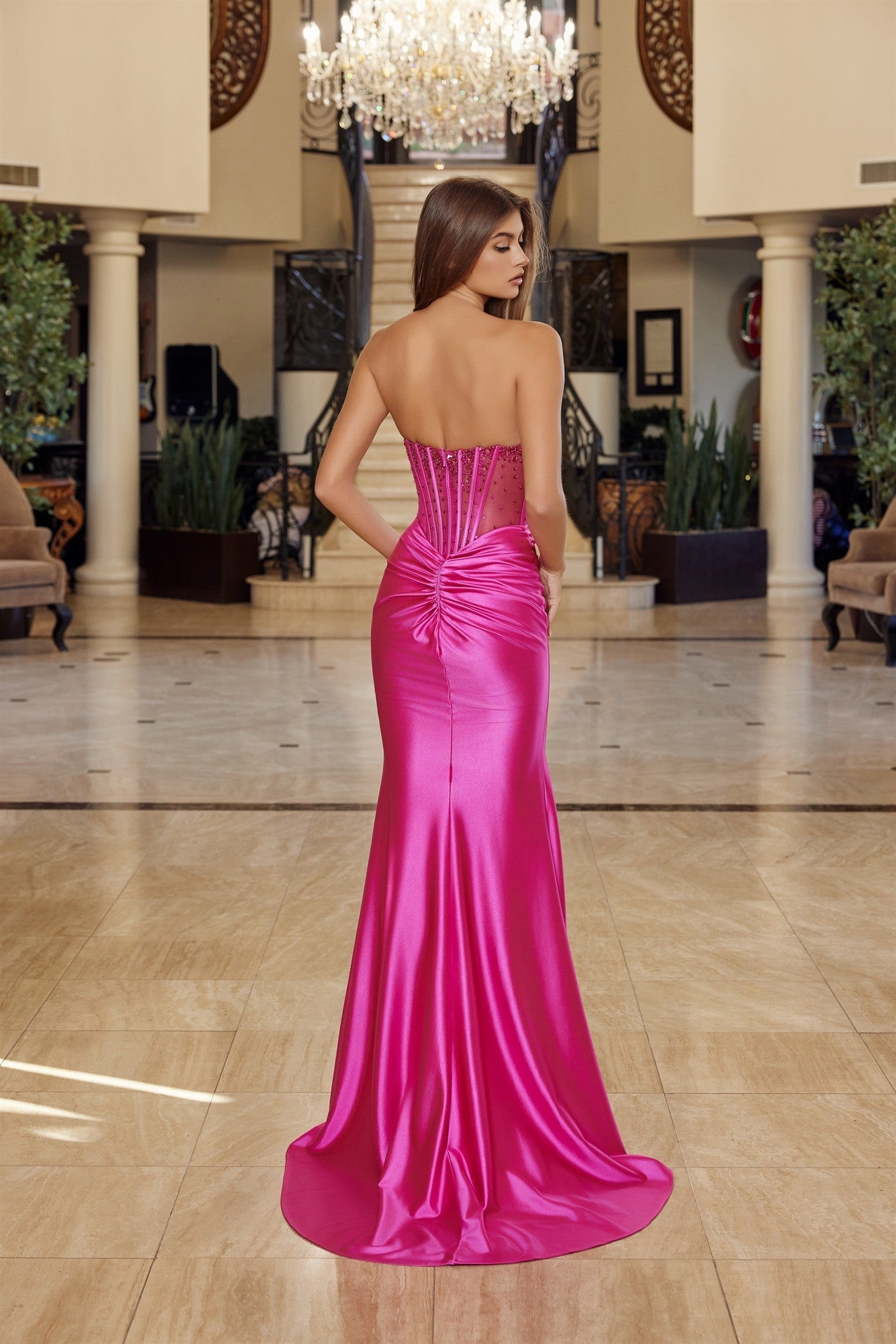 Shiny Satin Strapless Prom Dress with Full Beaded Bustline